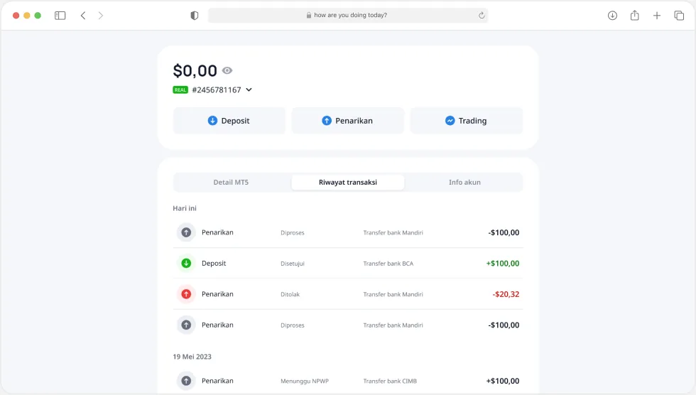 Web trading cabinet – balance and transaction history
