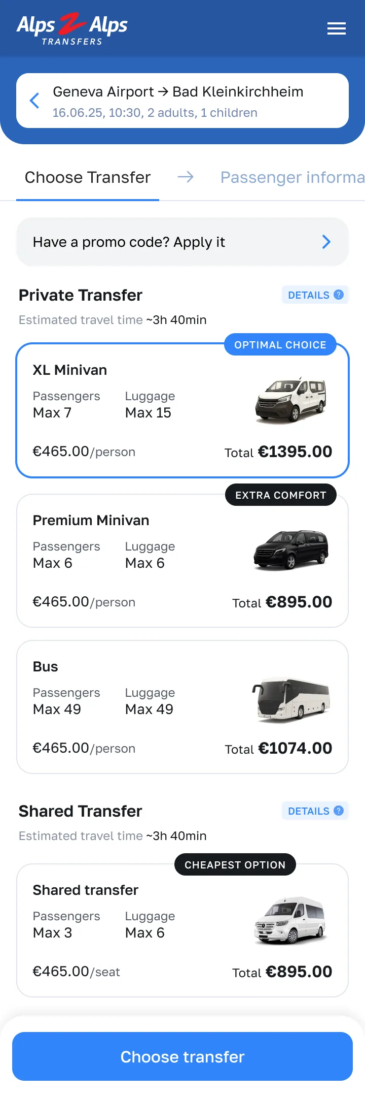 Choosing transfer step, mobile — Alps2Alps