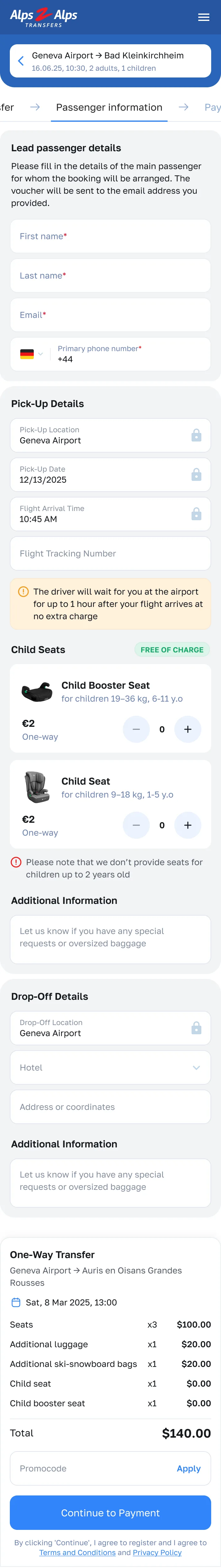 Passenger info step, mobile — Alps2Alps