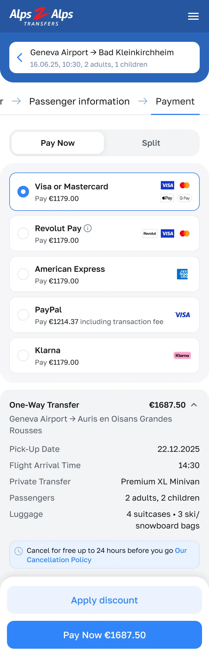 Payment step, mobile — Alps2Alps