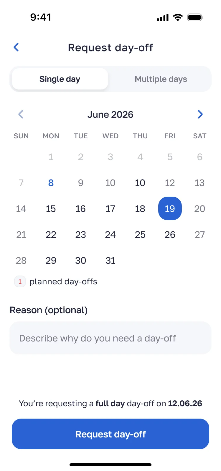 Request day-off screen — Alps2Alps driver app