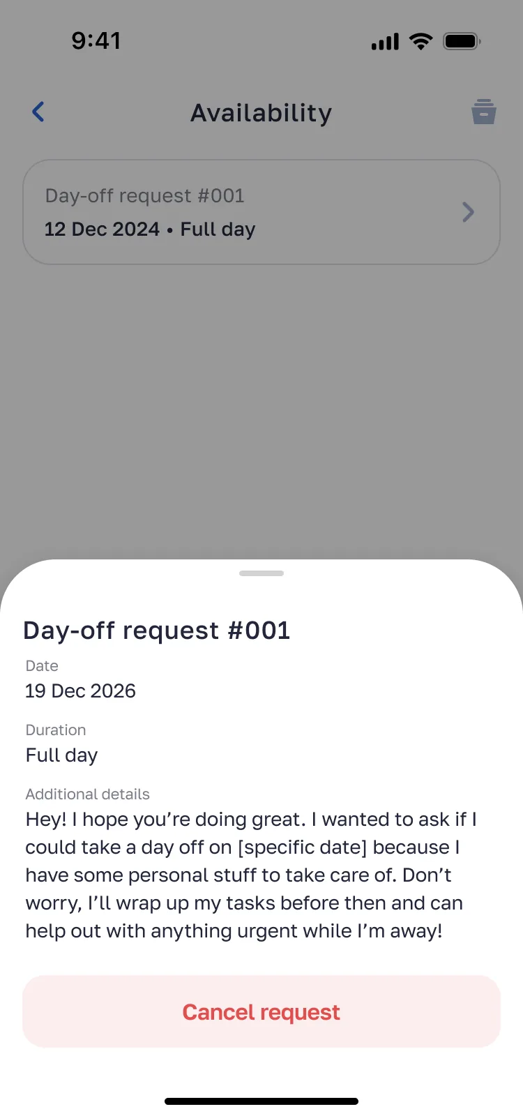 Day-off request details — Alps2Alps driver app