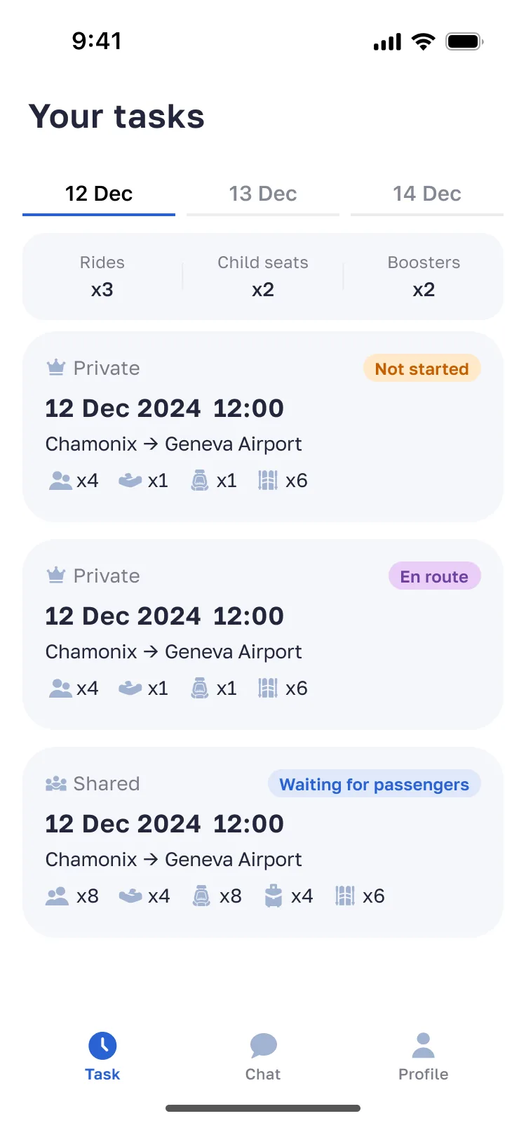 Driver tasks screen — Alps2Alps driver app