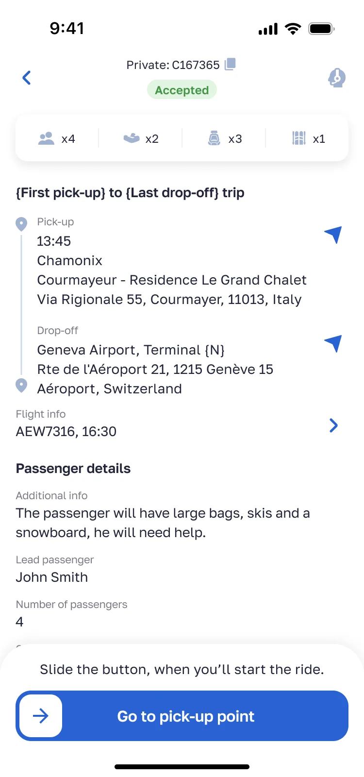 Trip accepted screen — Alps2Alps driver app