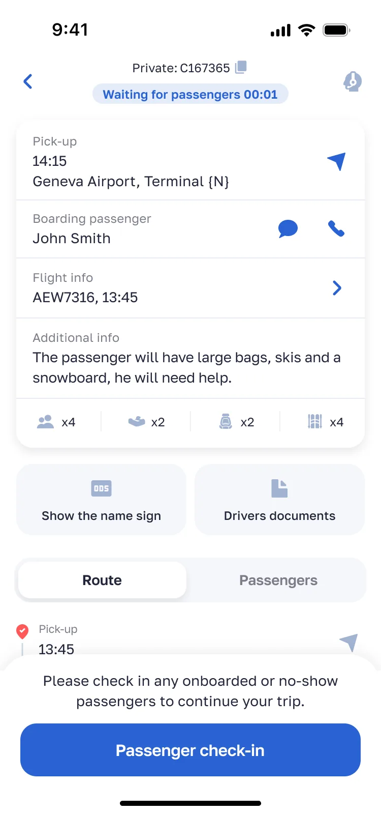 Waiting for passengers screen — Alps2Alps driver app