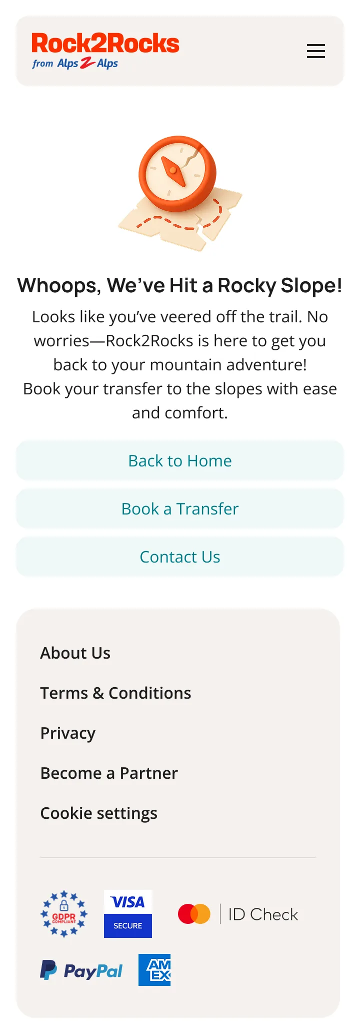 Rock2Rocks 404 page, mobile