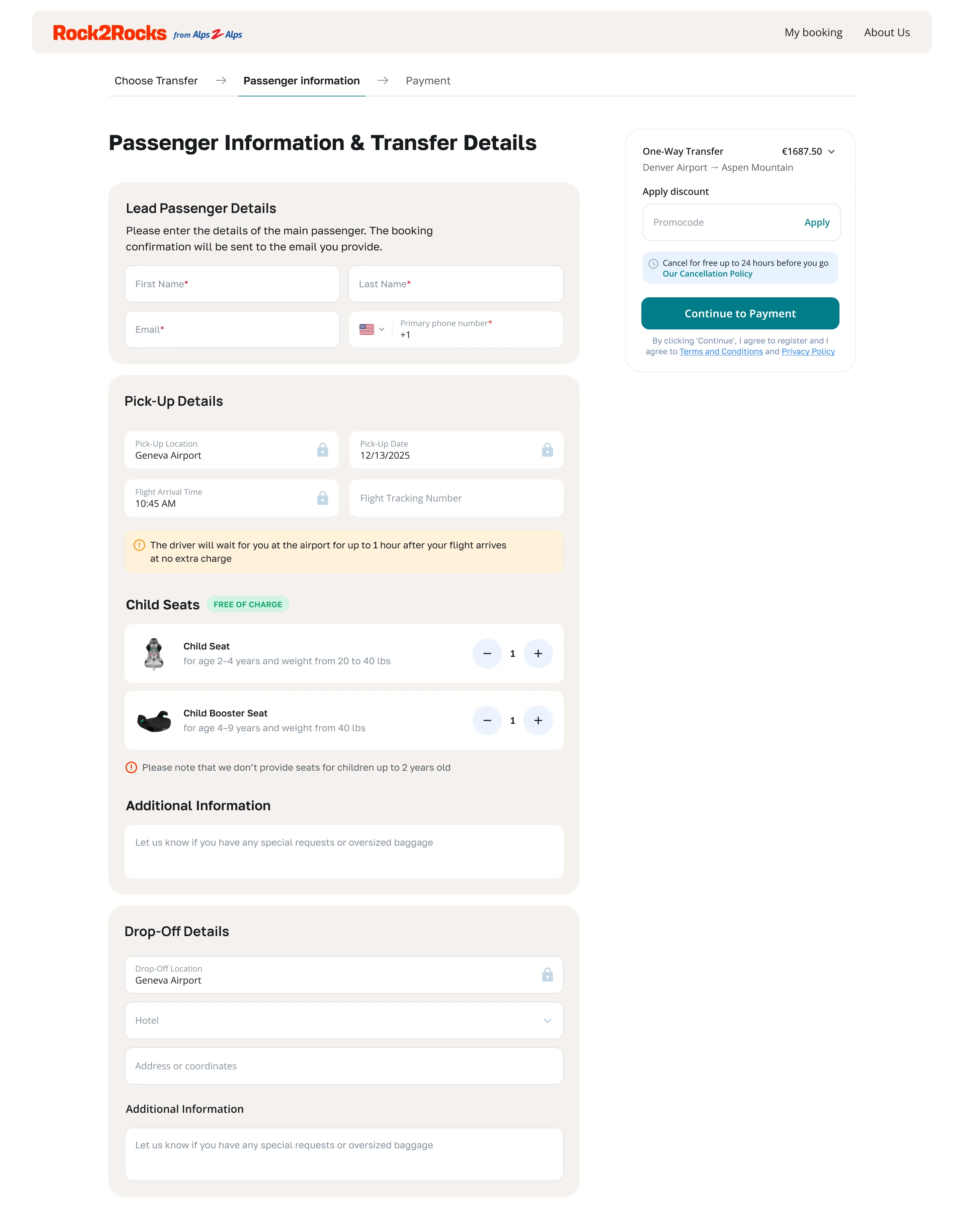 Rock2Rocks booking form, desktop