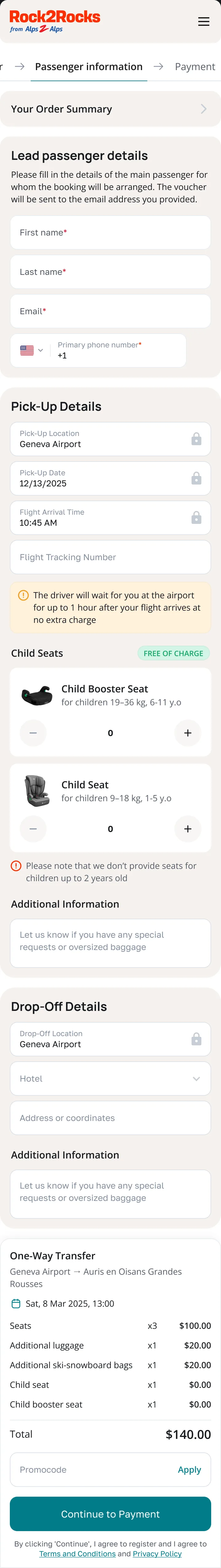 Rock2Rocks booking form, mobile