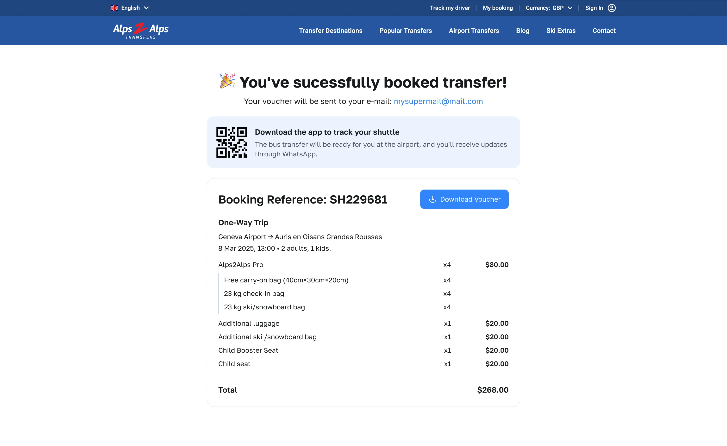 Shuttle booking confirmation, desktop — Alps2Alps