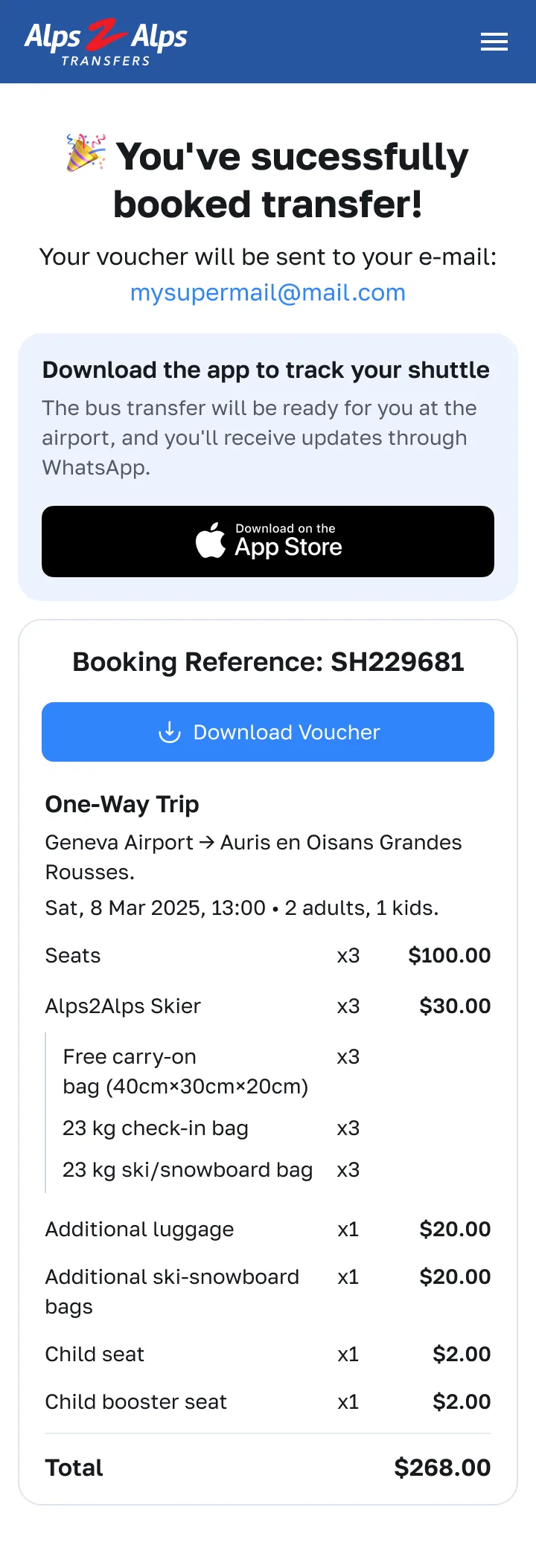 Shuttle booking confirmation, mobile — Alps2Alps