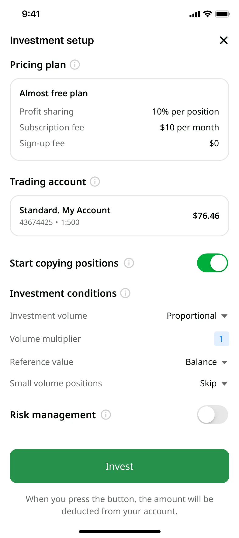 Copy parameters setup sheet – CopyTrading mobile app