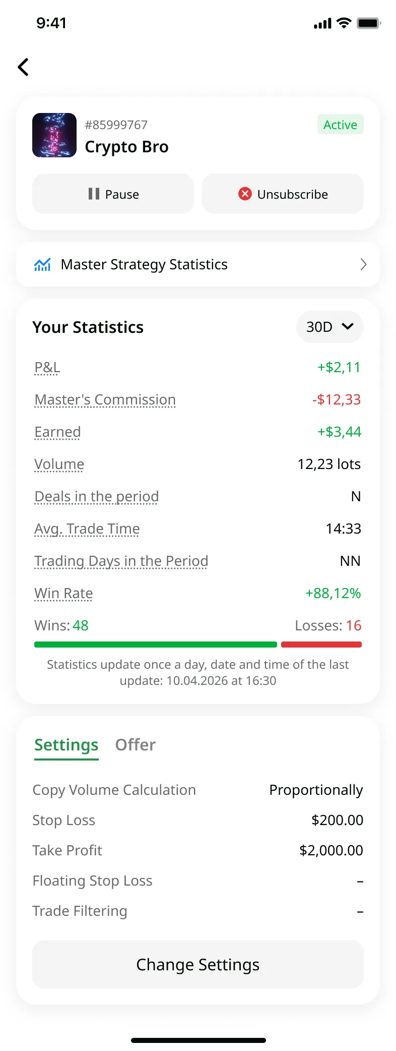 Investor strategy page – CopyTrading mobile app