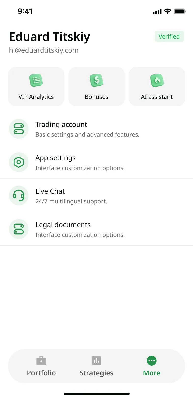 More menu tab – CopyTrading mobile app