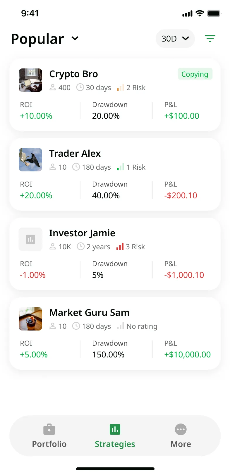 Strategies marketplace – CopyTrading mobile app