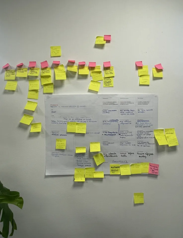 Interview insights on a sticky-note affinity wall