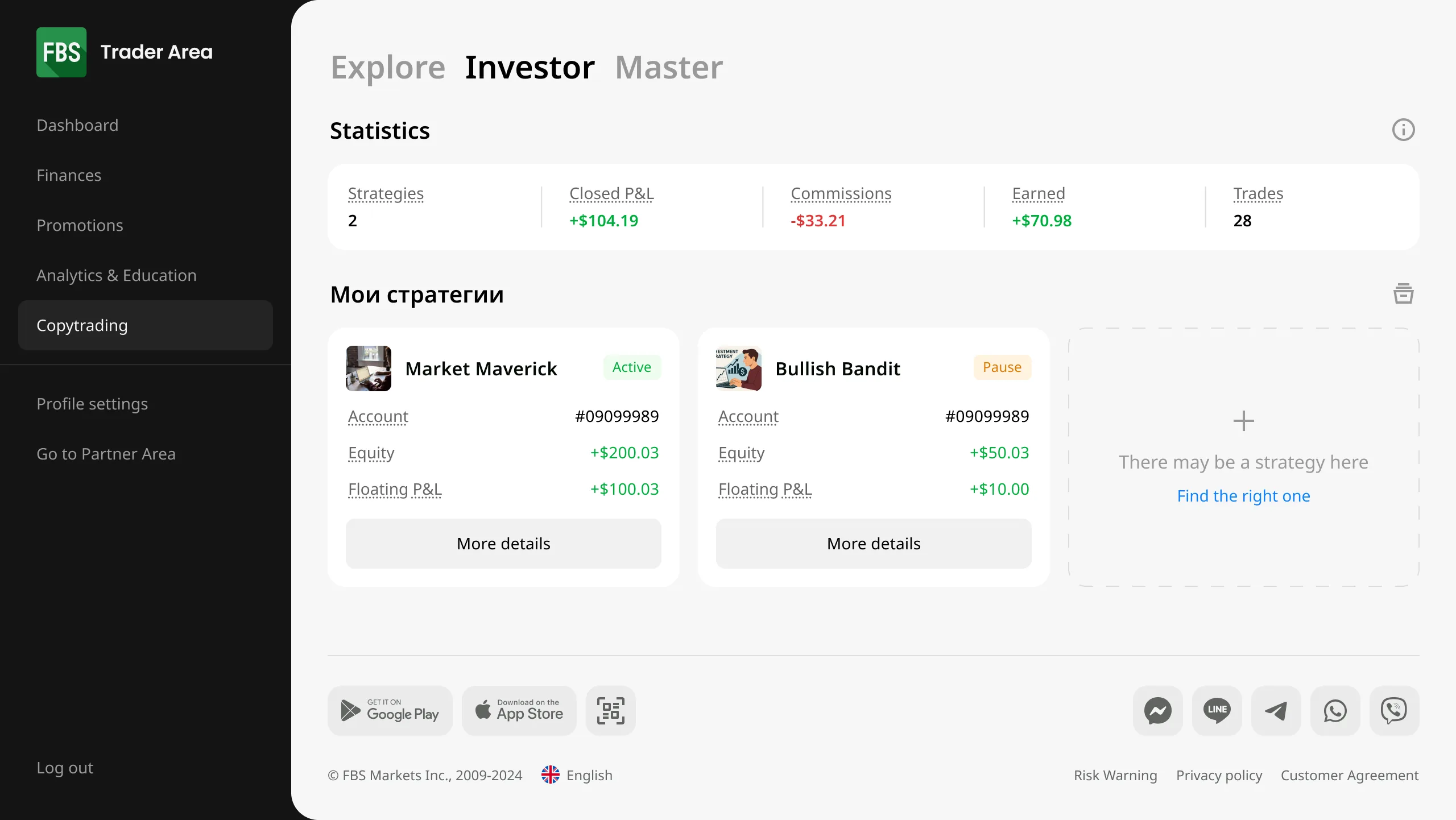 Investor area – CopyTrading web