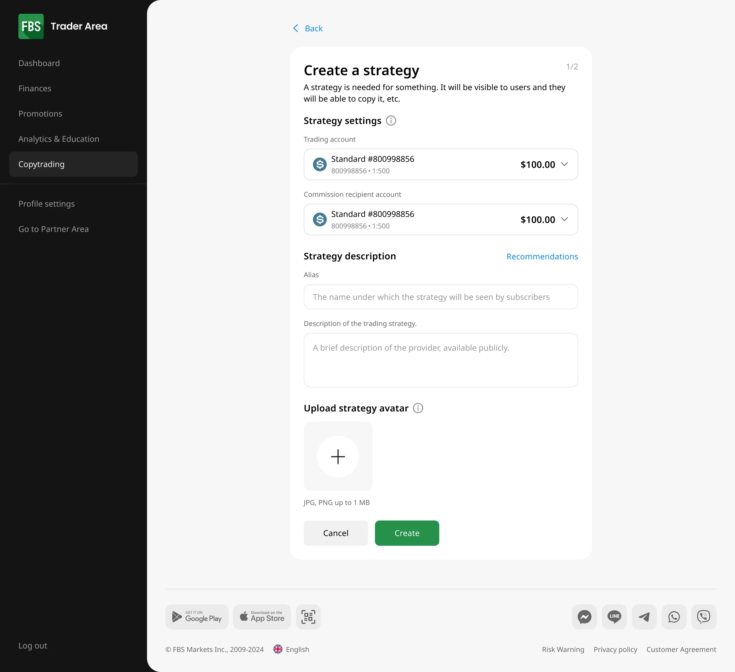 Strategy creation – setup step – CopyTrading web