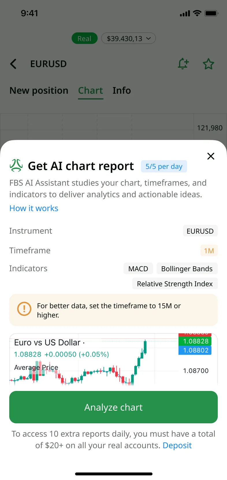 Create report sheet with indicator and timeframe configuration up-front — FBS trading app