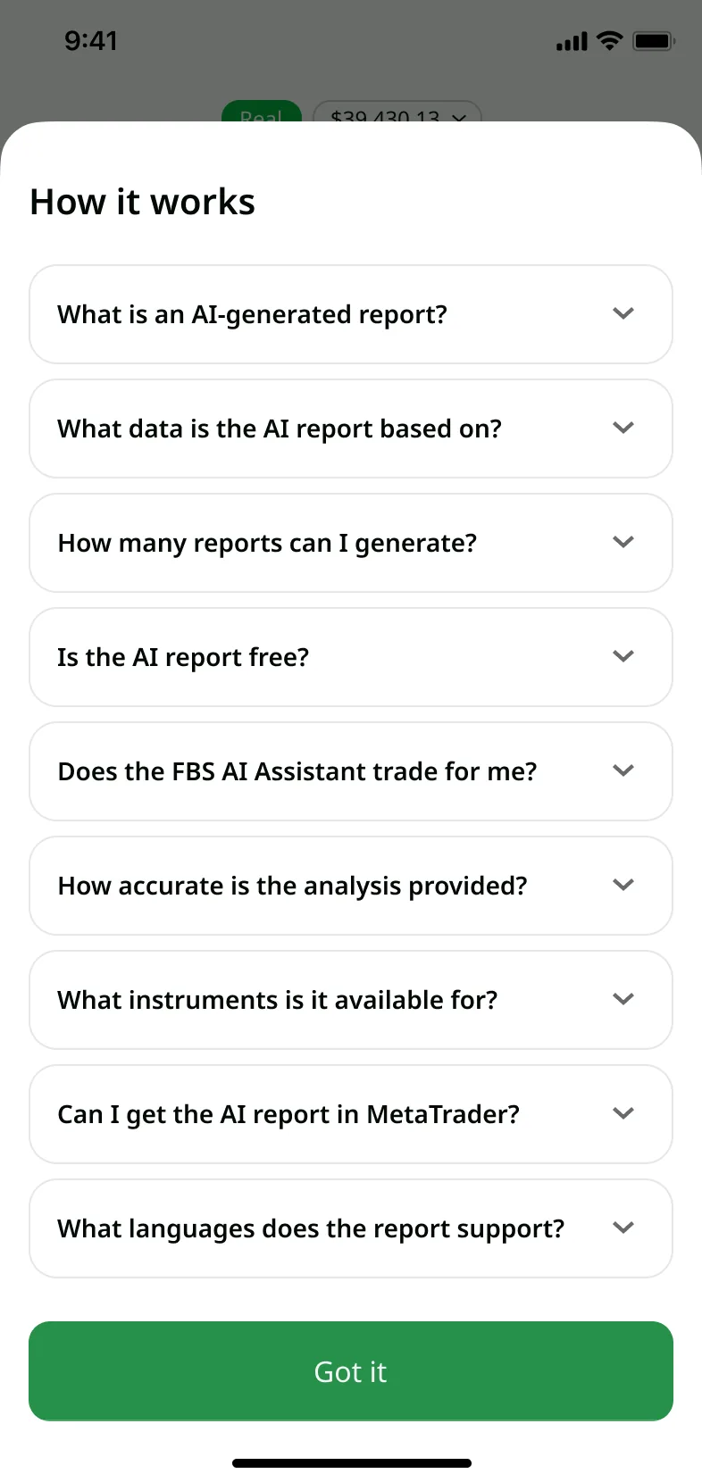FAQ screen explaining how the AI algorithm works — FBS trading app