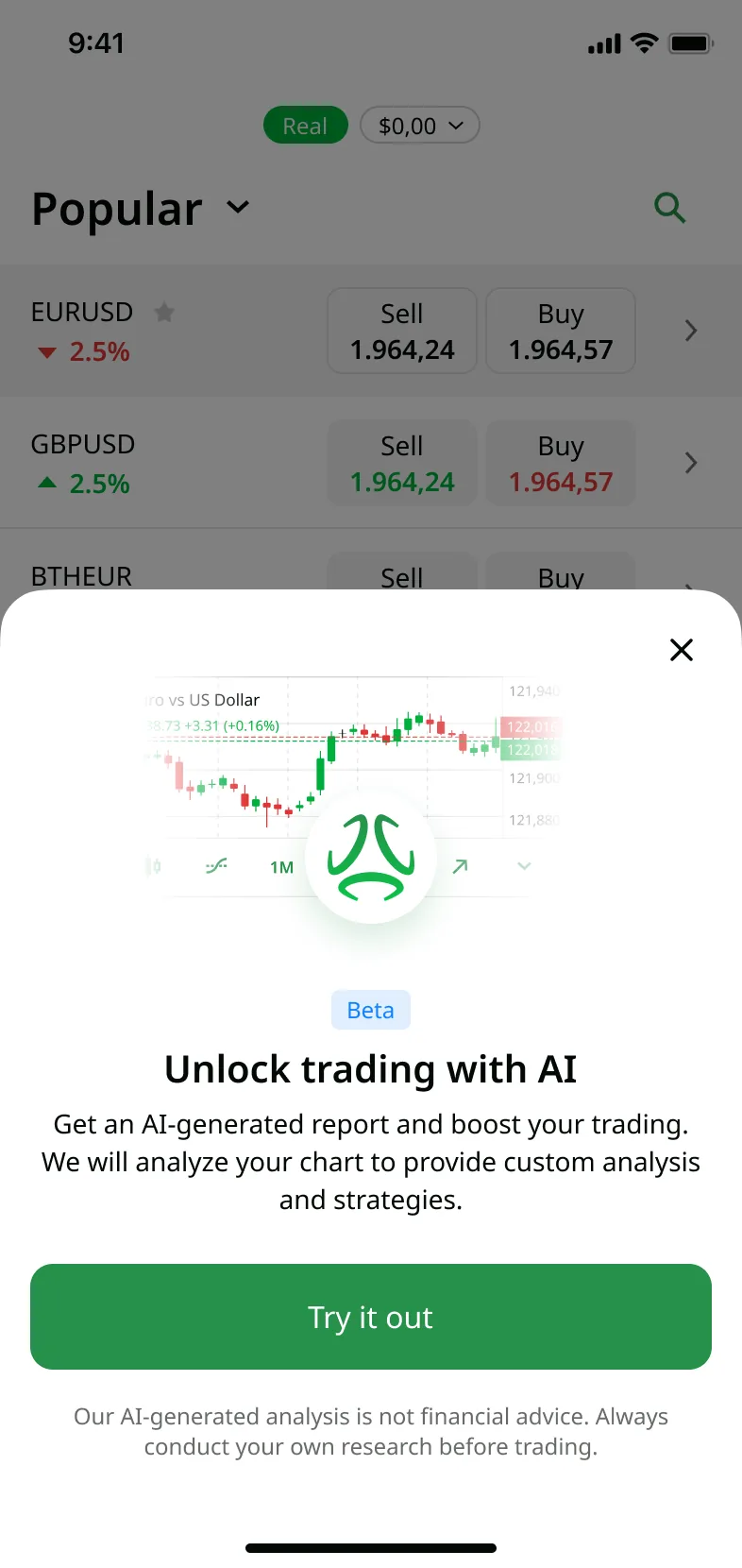 AI Assistant welcome screen inviting users to try the feature — FBS trading app