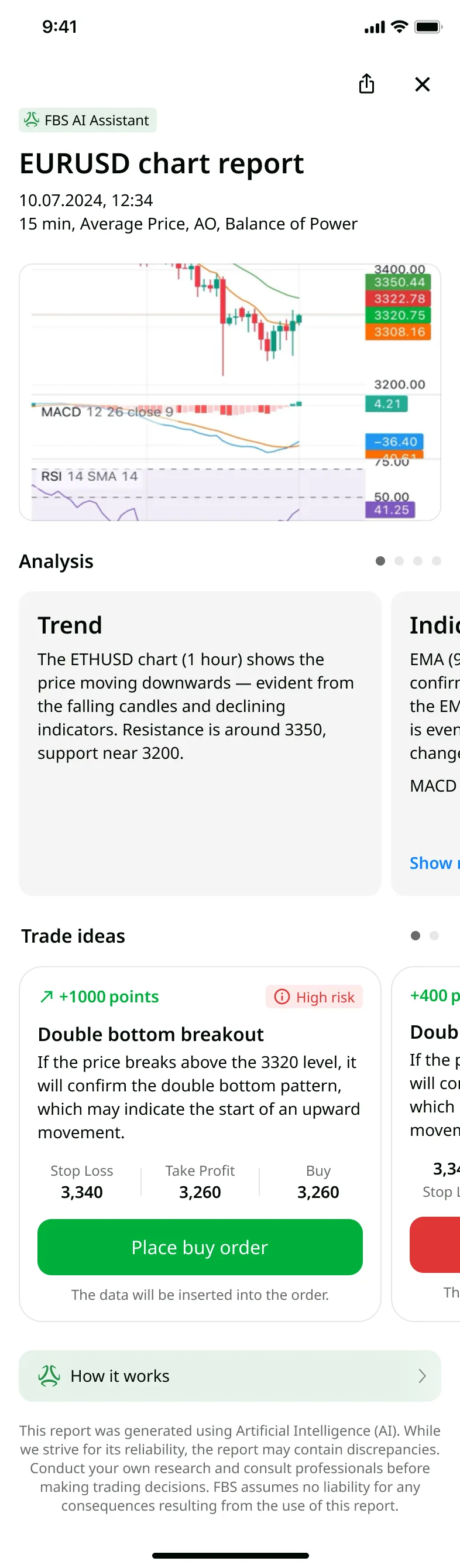 Redesigned AI report with verdict above the fold and risk/reward metric — FBS trading app
