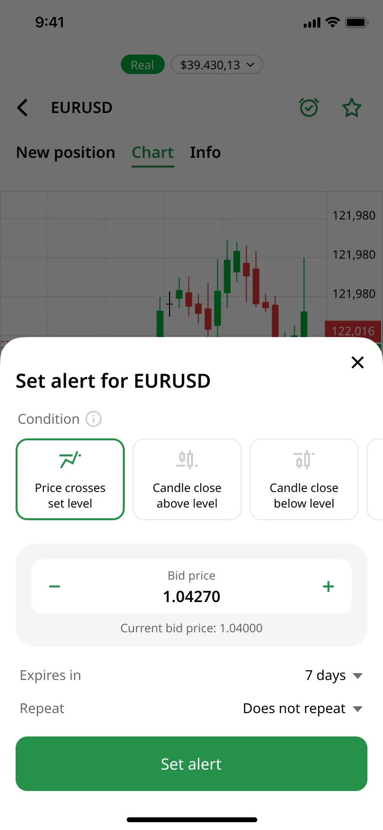 Set alert bottom sheet — FBS trading app