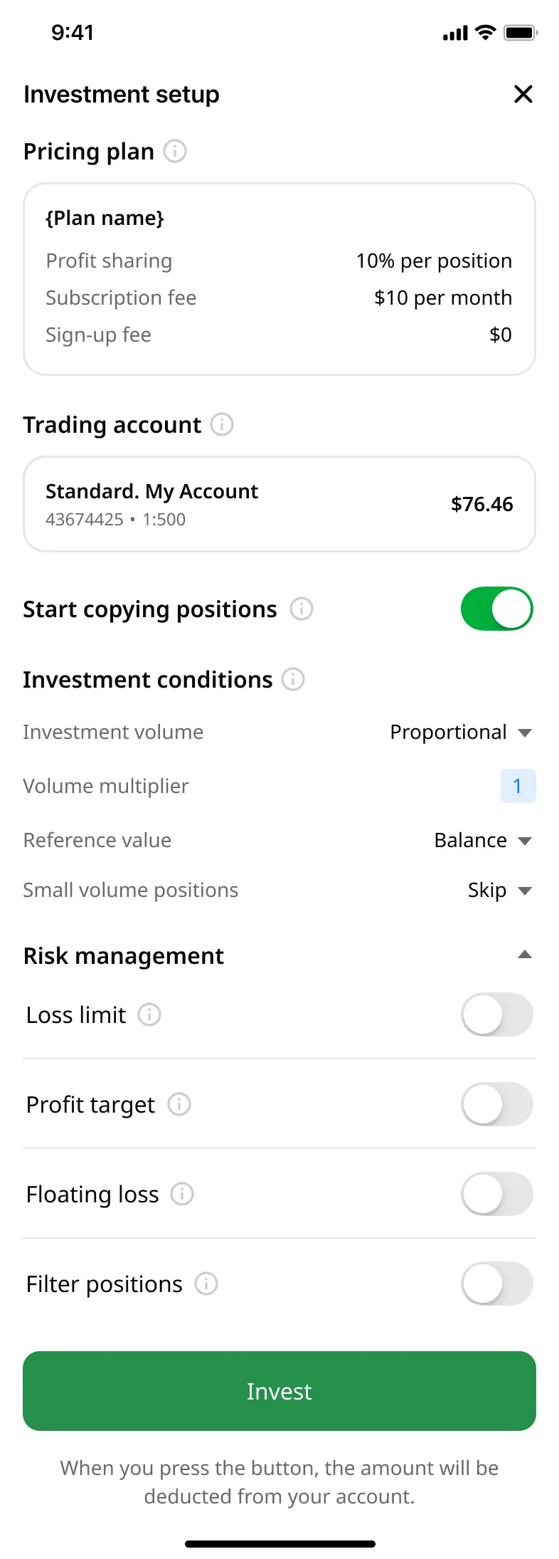 Copy parameters setup sheet — Copy Trading mobile app