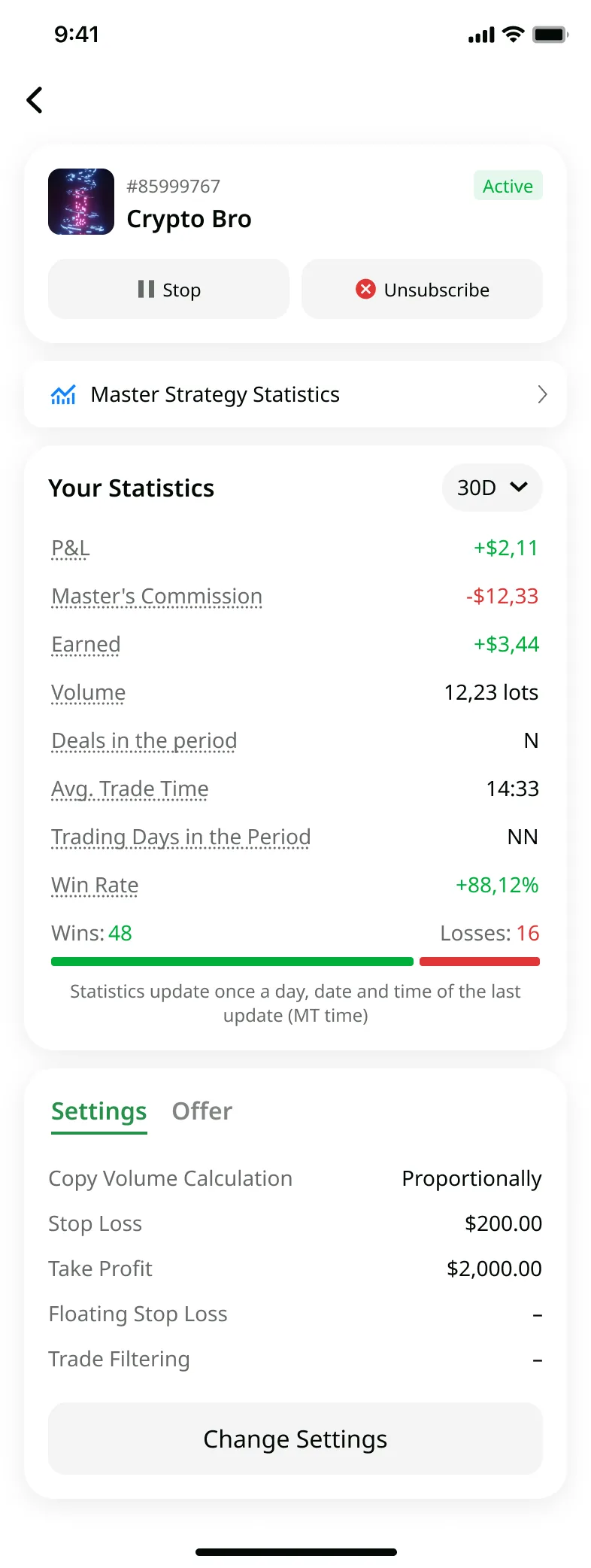Investor strategy page — Copy Trading mobile app