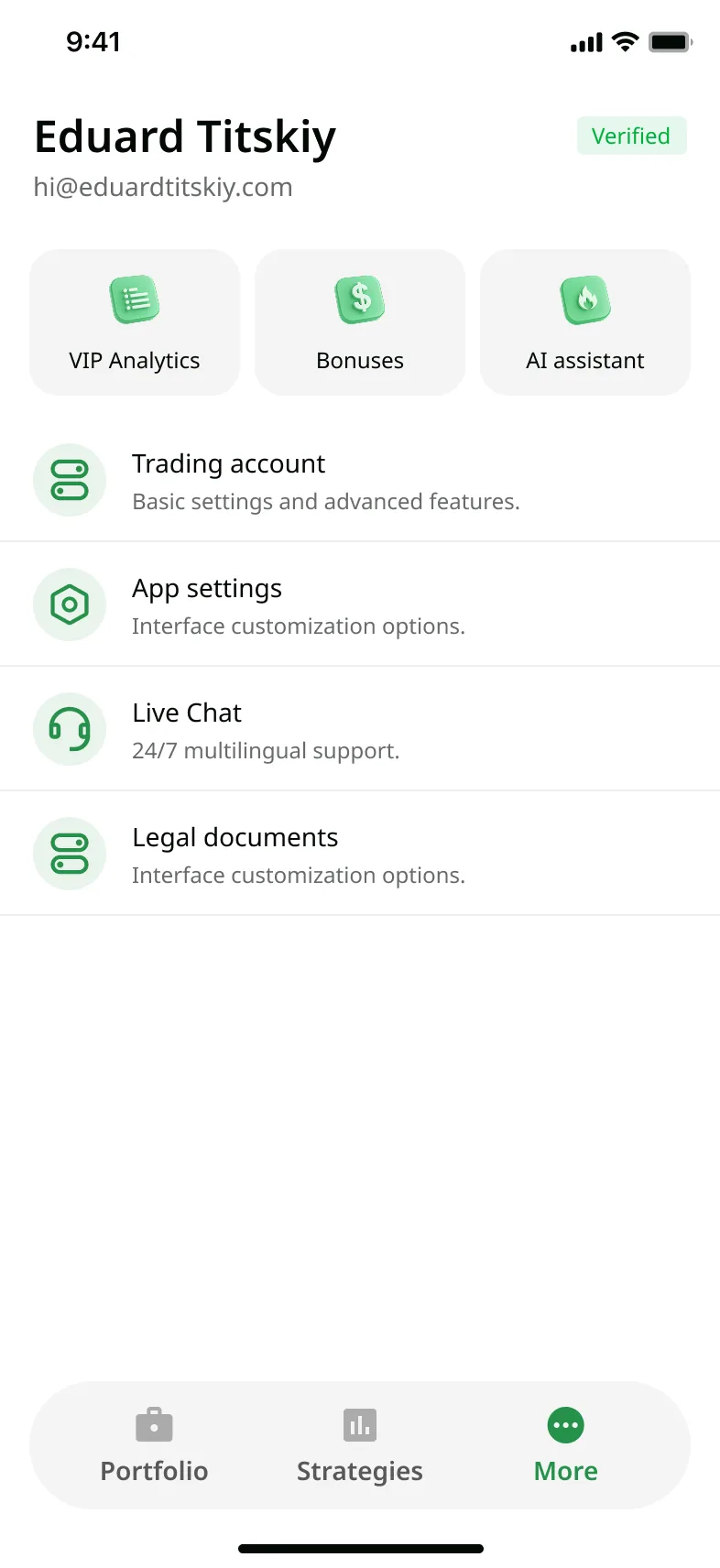 More menu tab — Copy Trading mobile app