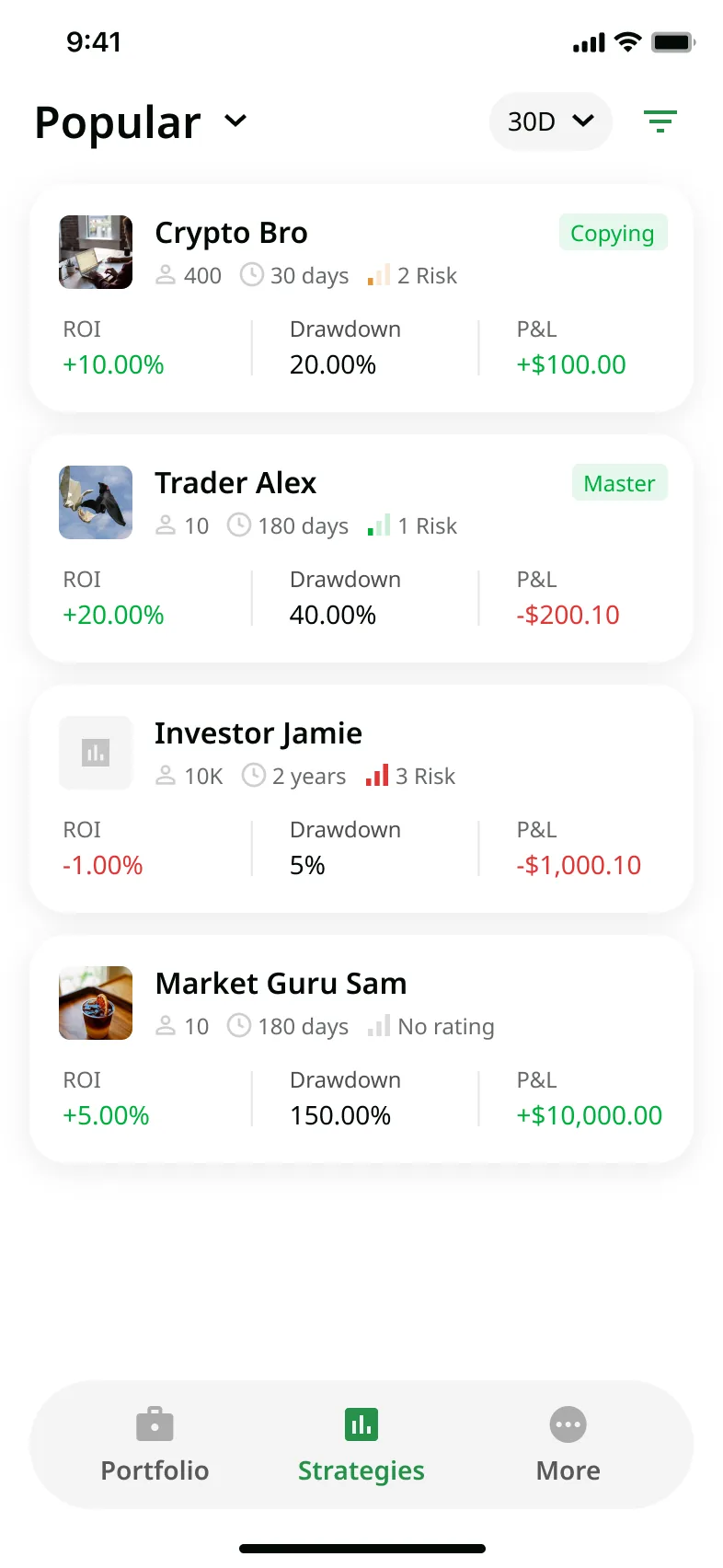 Strategies marketplace — Copy Trading mobile app