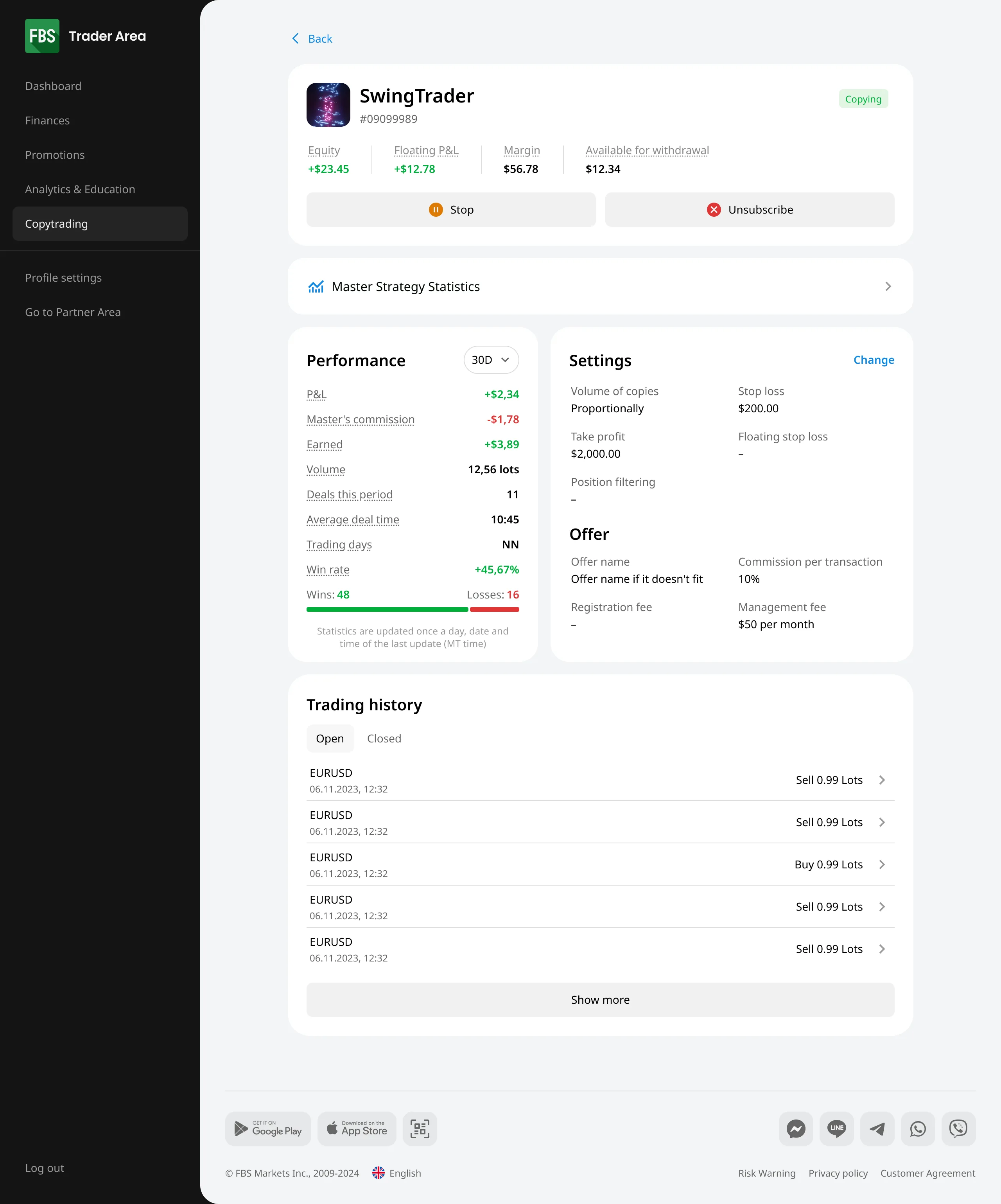 Investor strategy page, desktop — Copy Trading web dashboard