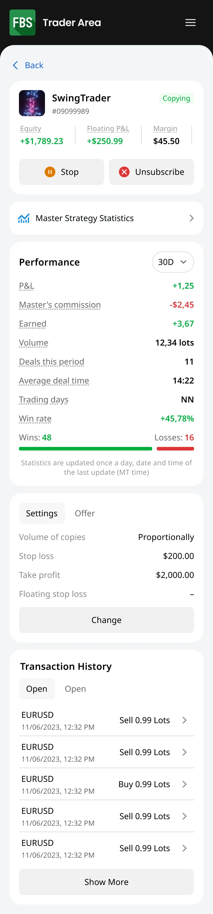 Investor strategy page, mobile — Copy Trading web dashboard