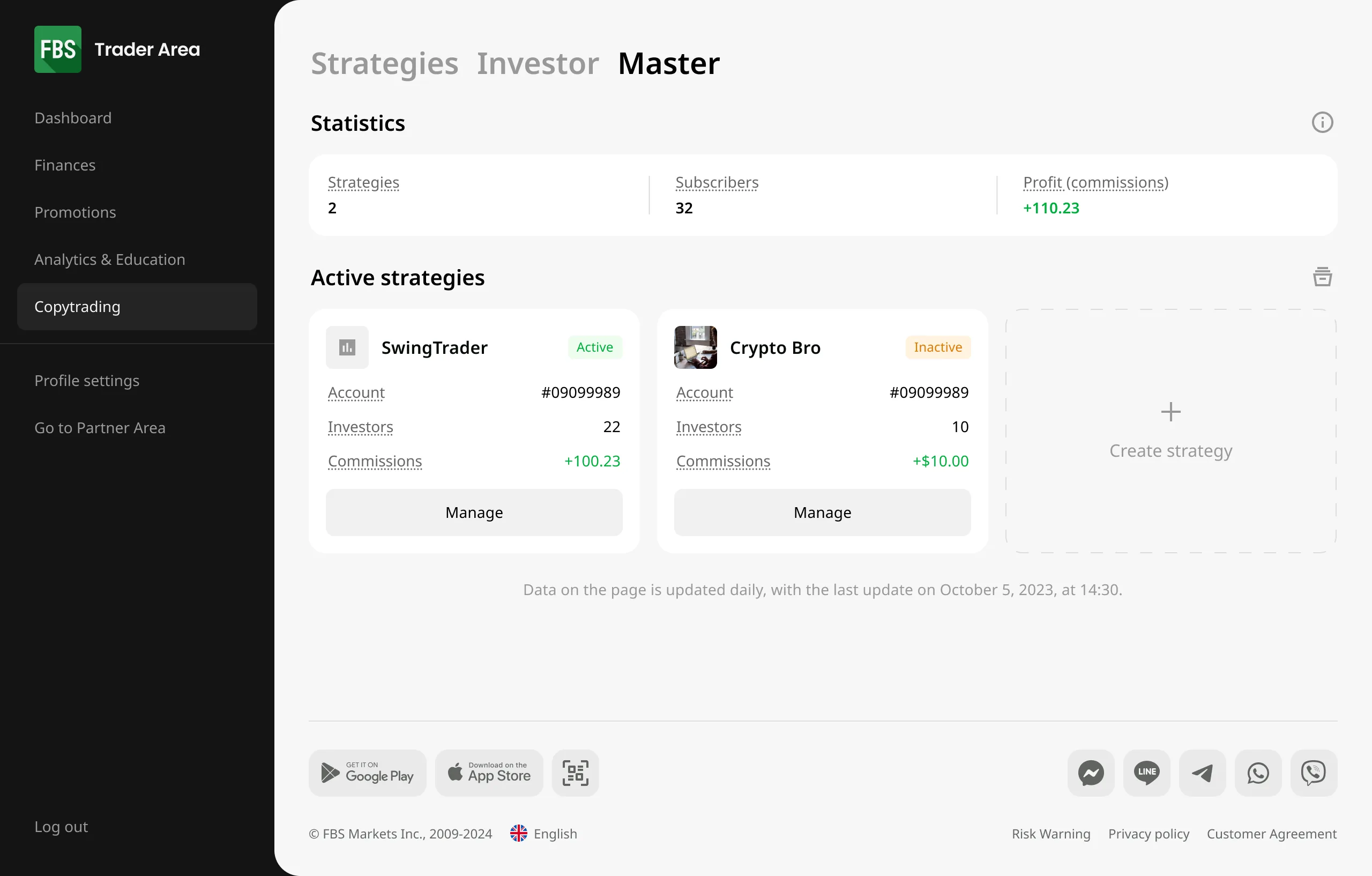 Master dashboard, desktop — Copy Trading web dashboard