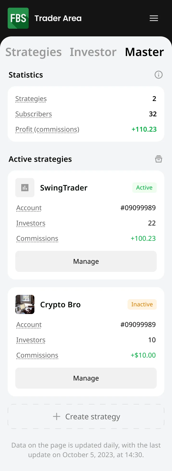 Master dashboard, mobile — Copy Trading web dashboard