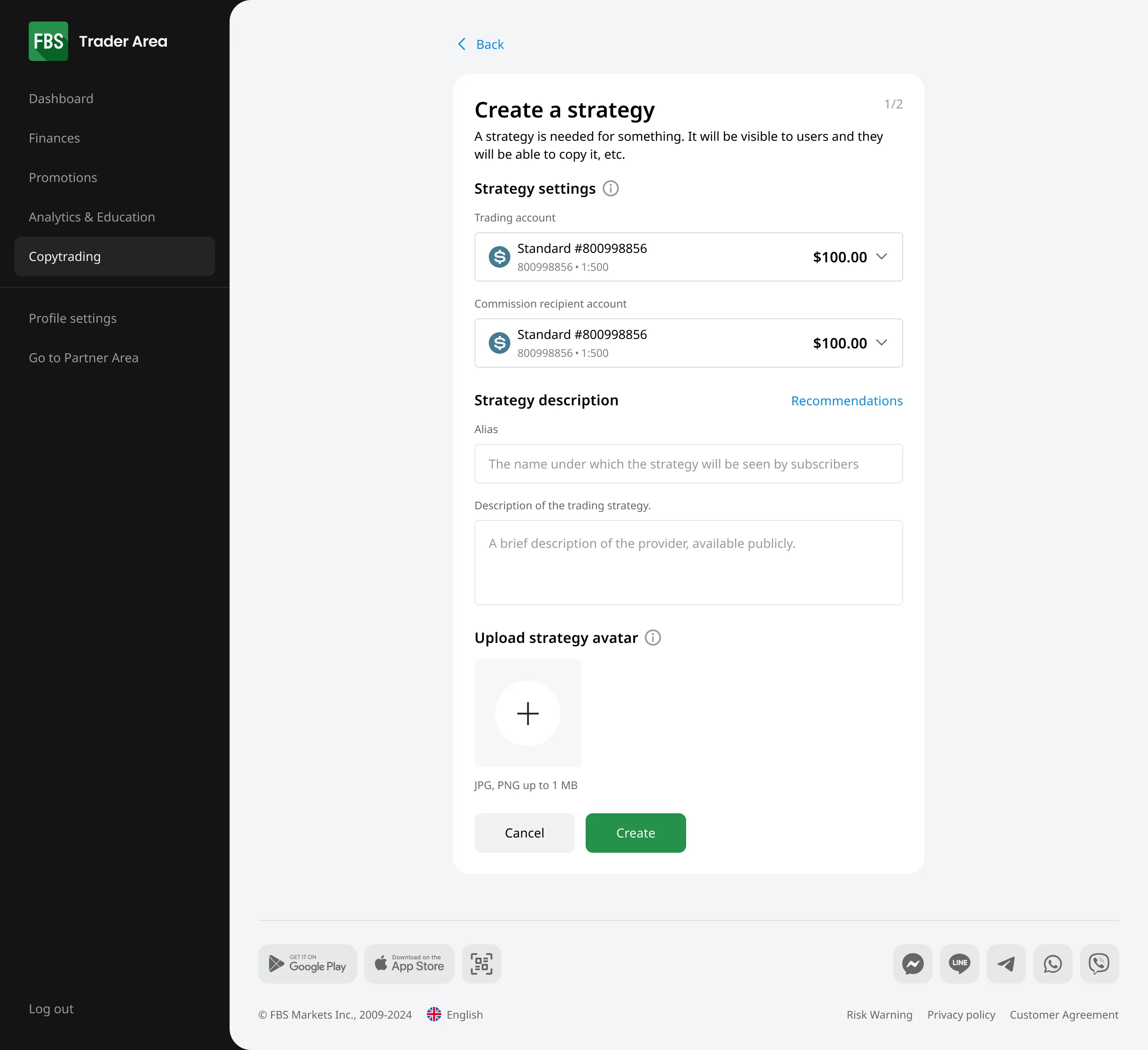 Strategy creation — setup step, desktop — Copy Trading web dashboard
