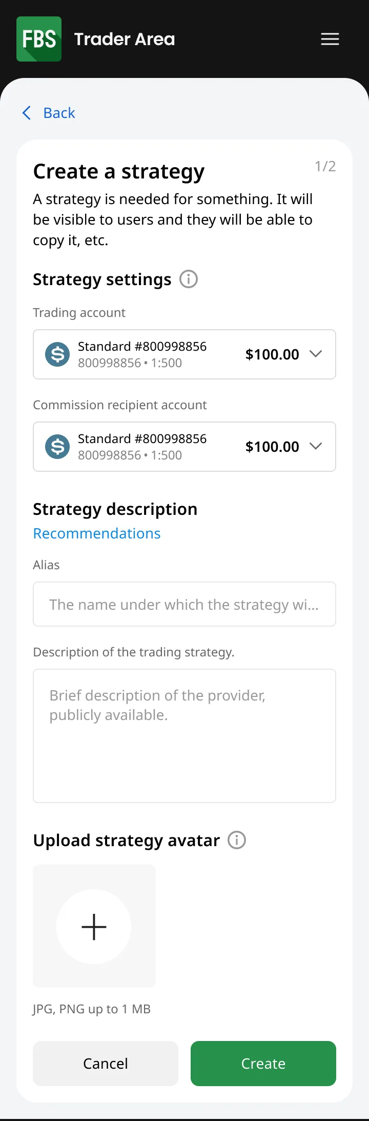 Strategy creation — setup step, mobile — Copy Trading web dashboard