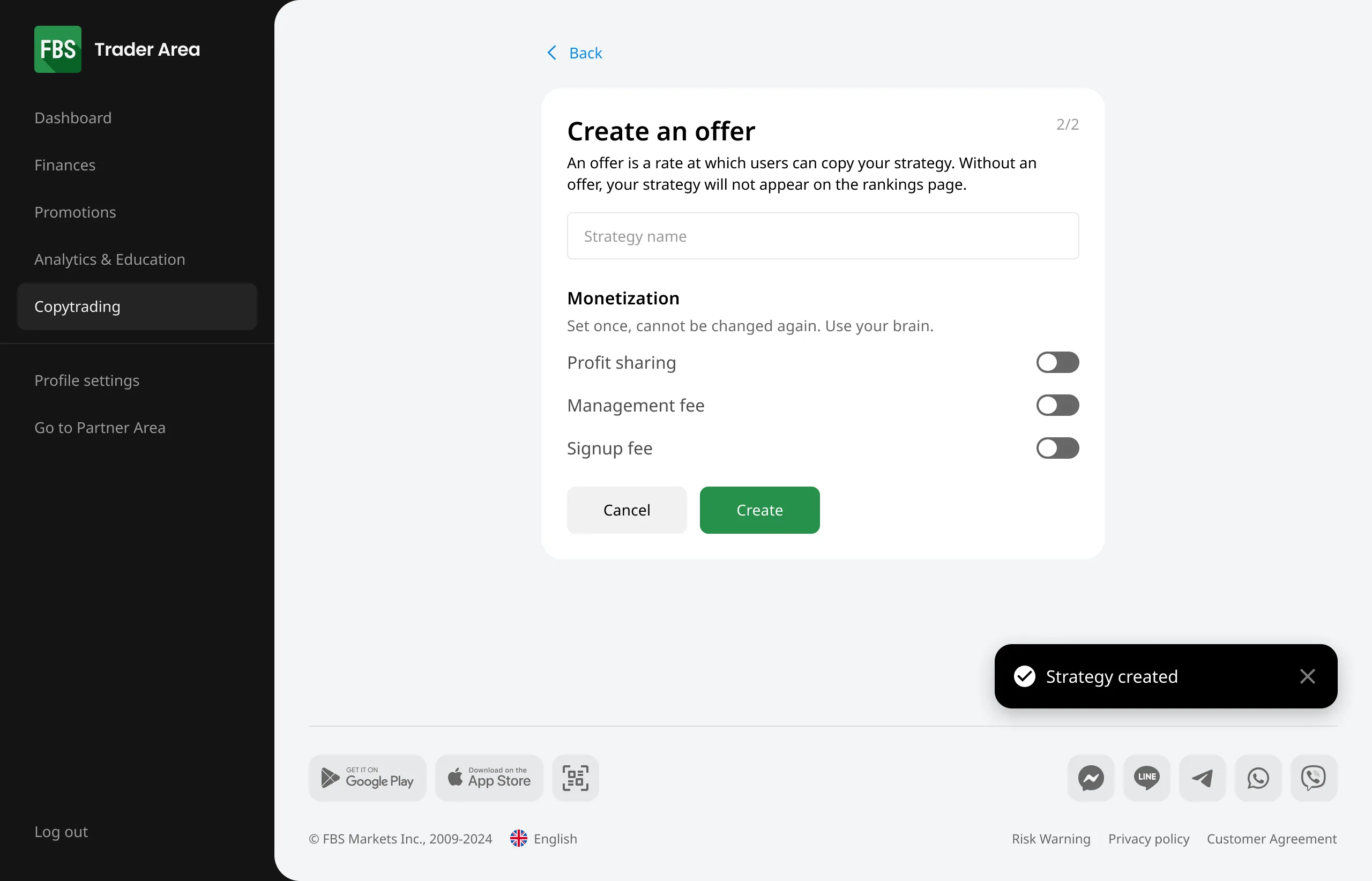Strategy creation — offer step, desktop — Copy Trading web dashboard