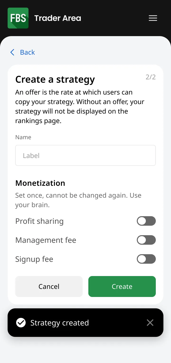 Strategy creation — offer step, mobile — Copy Trading web dashboard