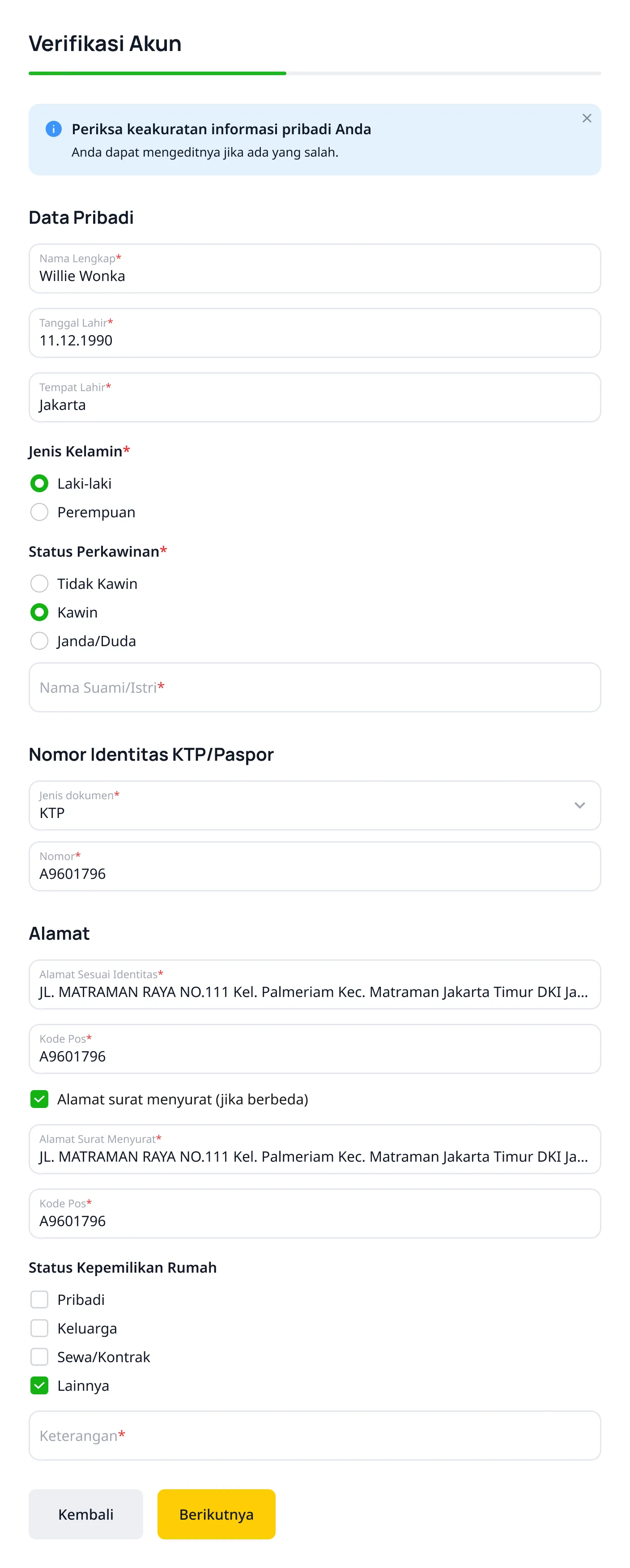 KYC personal info, desktop