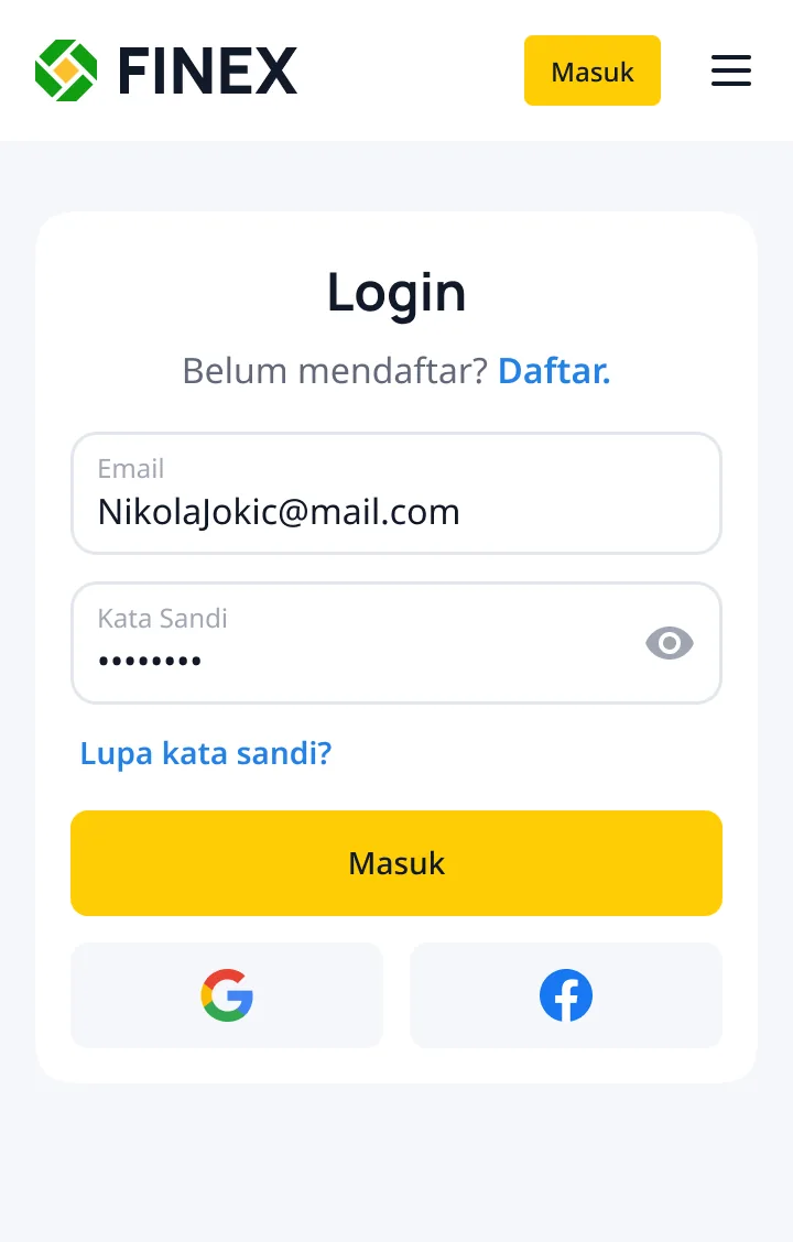 Login screen, mobile