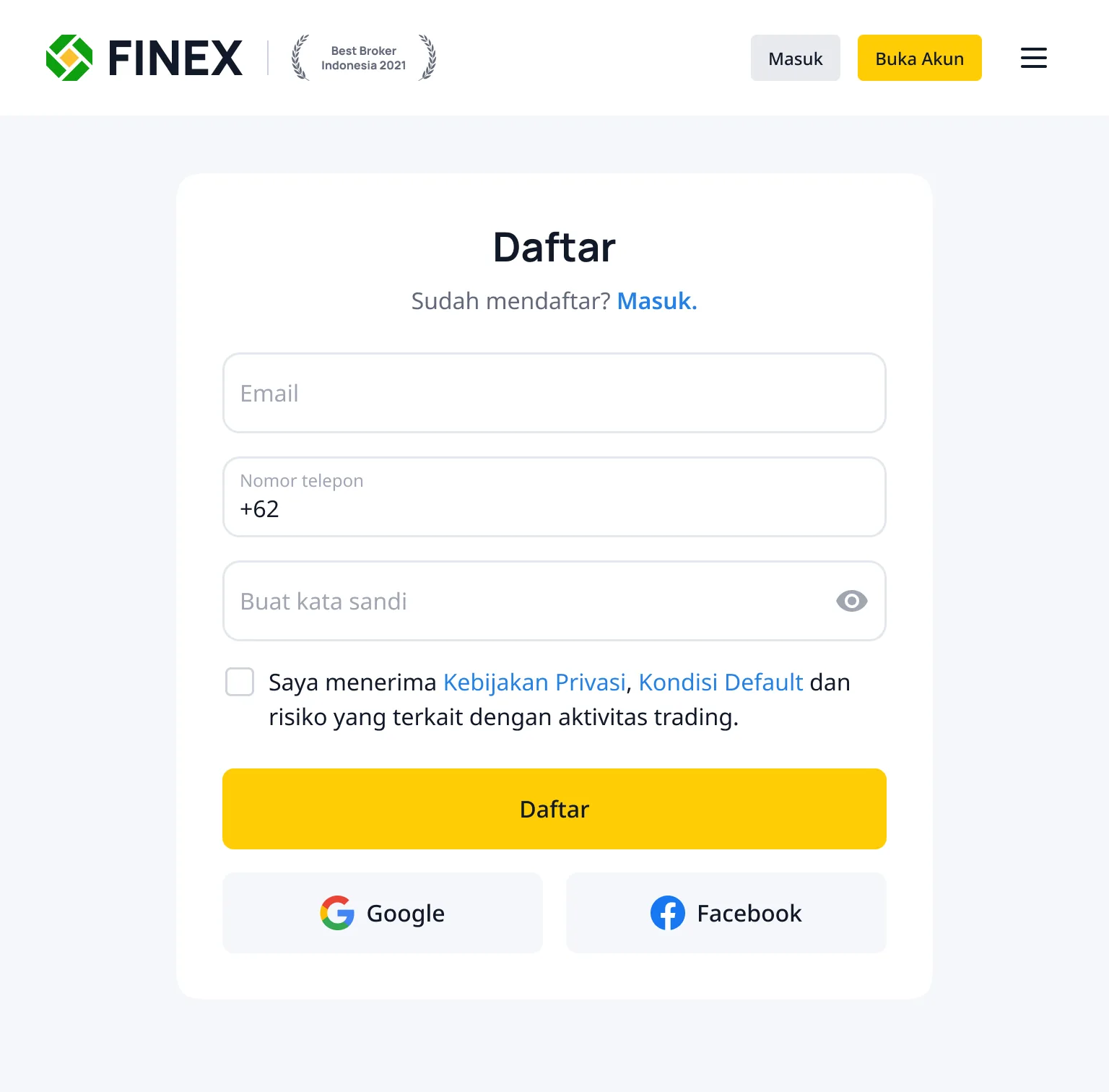 Registration screen, desktop