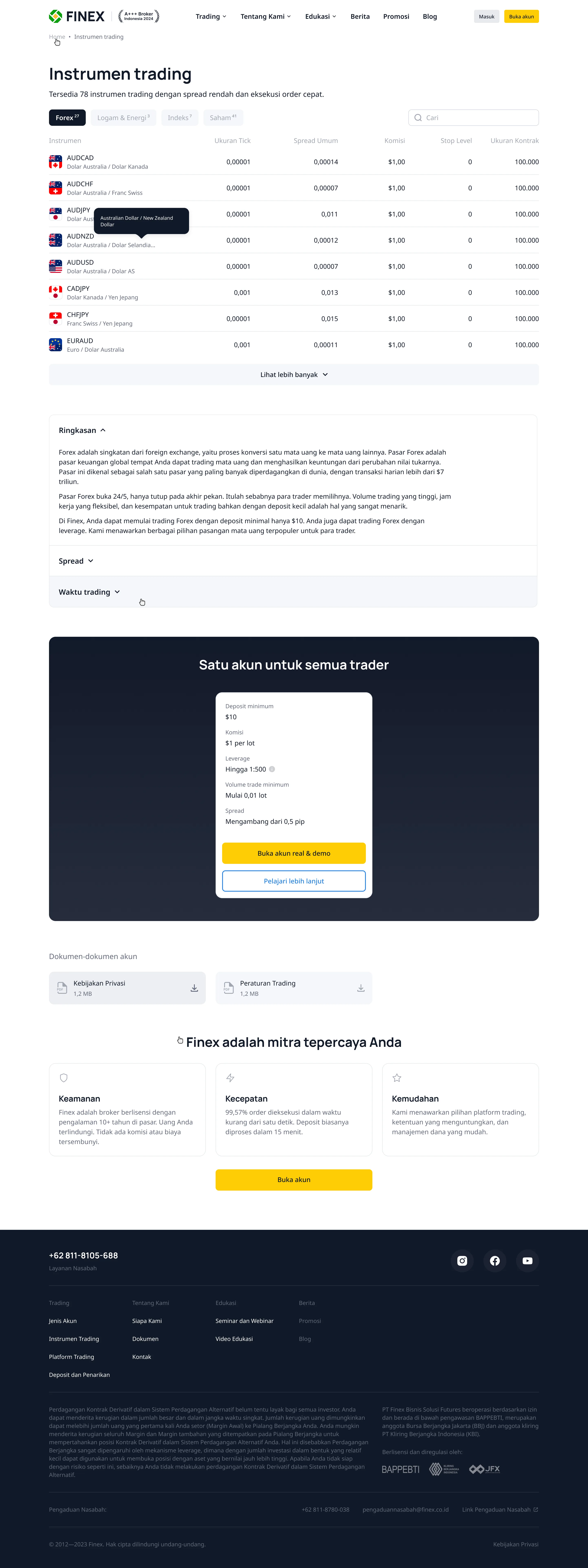 Trading instruments page, desktop