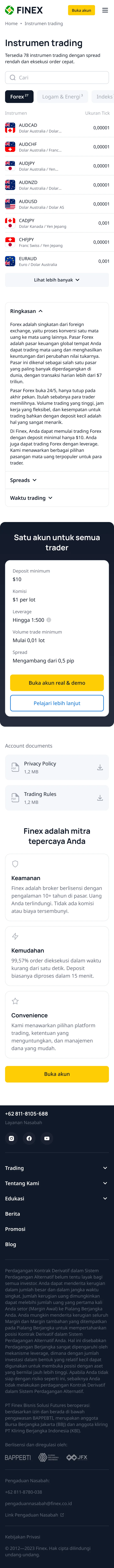 Trading instruments page, mobile
