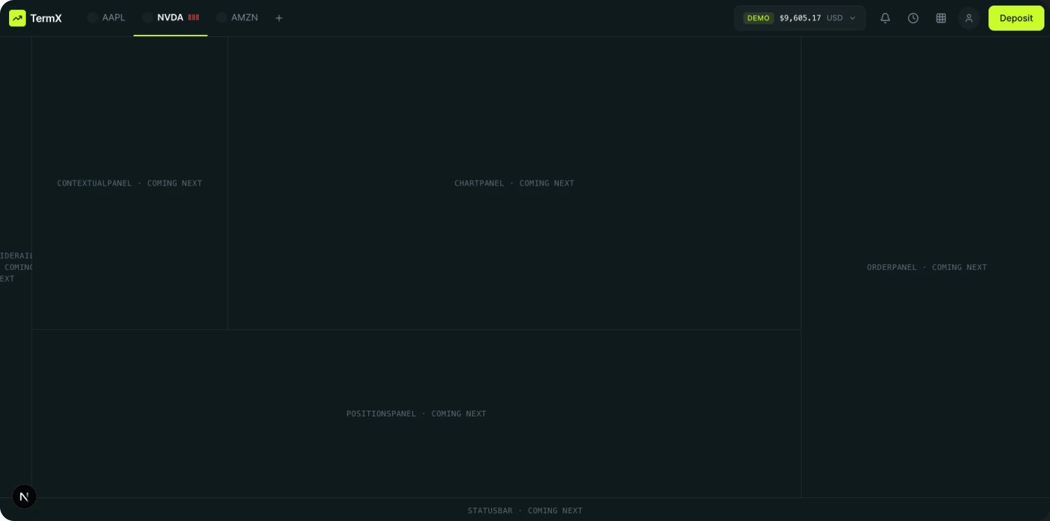 Trading terminal layout with labeled functional areas